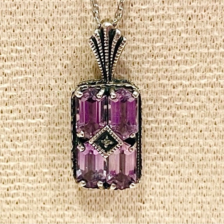 Sterling Silver & Pd Filigree Set Amethyst Pendant W Diamond Center Stone | Euc